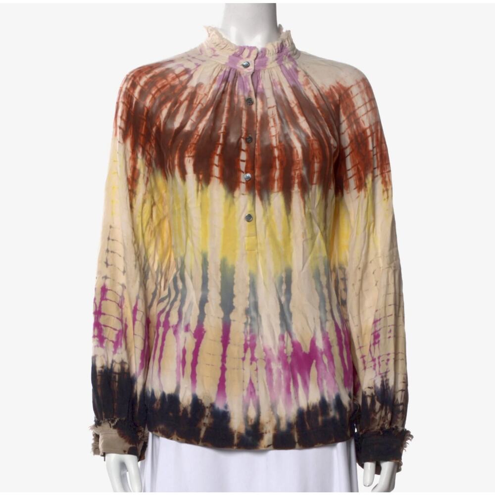 Raquel Allegra long sleeve boho tie dye distressed trim & buttons womens size 0